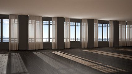 Empty room interior design, background with copy space, open space with big panoramic windows with curtains and sea view, parquet, stucco molded walls, classic architecture concept
