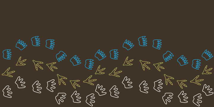 Vector colorful dino seamless border in brown. Simple doodle dinasaur footprints hand drawn made into repeat. Great for invitations, decor, packaging, ribbon, greeting cards, stationary, kids design
