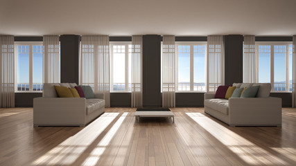 Open space with sofa interior design, modern living room, lounge with big panoramic windows with curtains and sea view, parquet, stucco molded walls, classic architecture concept