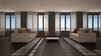 Open space with sofa interior design, modern living room, lounge with big panoramic windows with curtains and sea view, parquet, stucco molded walls, classic architecture concept