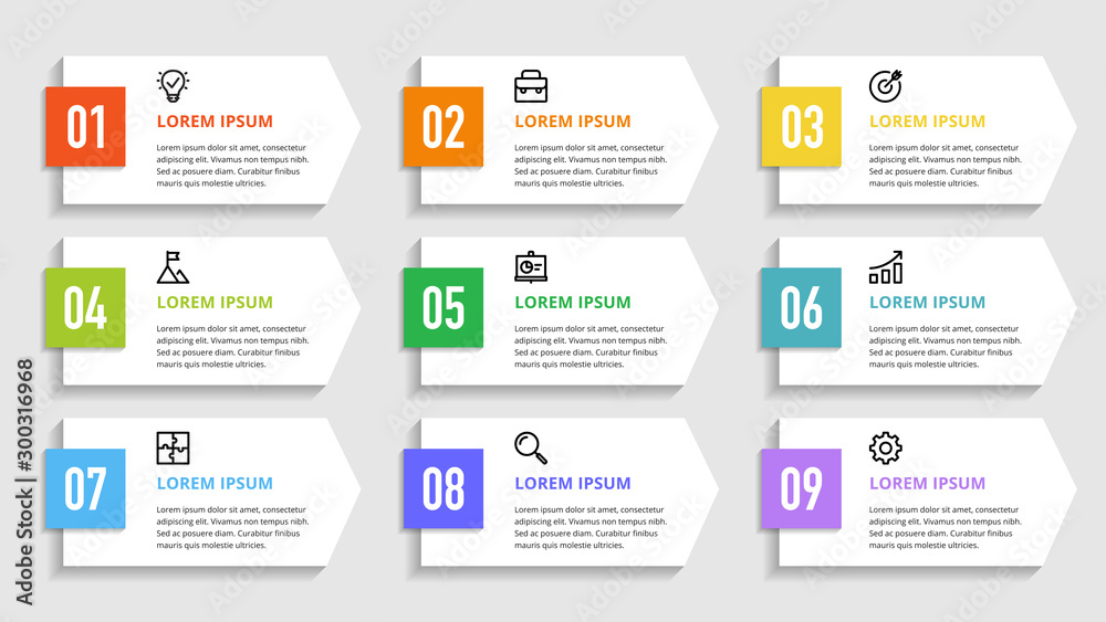 Wall mural nine colorful numbers or figures and rectangular elements or cards with place for text. infographic 