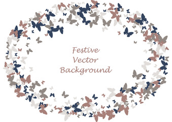 Festive butterfly confetti background. Frame vector pattern texture for holiday, postcard, poster, carnival, banner, birthday and children's parties. Butterfly cover mock-up. Wedding butterfly layout