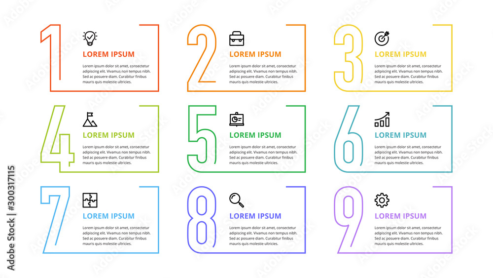 Wall mural nine colorful numbers or figures and rectangular elements or cards with place for text. infographic 