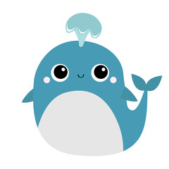 Blue whale with water fountain toy icon. Sea ocean life. Cute cartoon kawaii funny character with eyes, tail, fin. Smiling face. Kids baby animal collection. Flat design White background. Isolated.