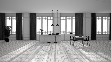 Unfinished project of kitchen in contemporary style, with bar top and wooden stools. Suspended lamps, dining table with chairs, panoramic windows with curtains, interior design