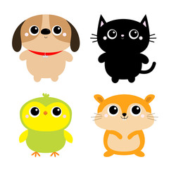 Black Cat Dog Hamster Parrot bird toy icon set. Big eyes. Kitty kitten standing. Funny Kawaii animal. Kids print. Cute cartoon baby character. Pet collection. Flat design White background