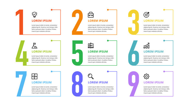 Nine colorful numbers or figures and rectangular elements or cards with place for text. Infographic design template. Creative vector illustration for business options, steps, processes.