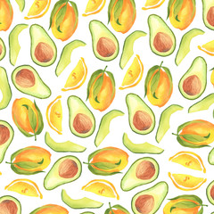 Pattern with avocado and lemon on a white background