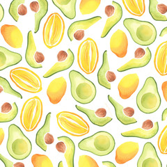 Pattern with avocado and lemon on a white background