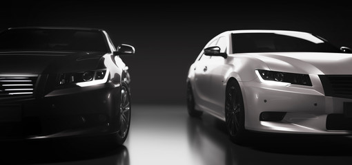 Two new modern cars, black and white. Compare concept