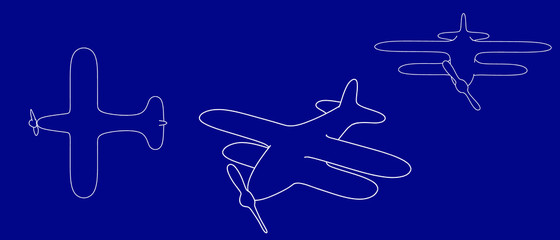 Retro plane. Vector outline illustration. Different viewes.