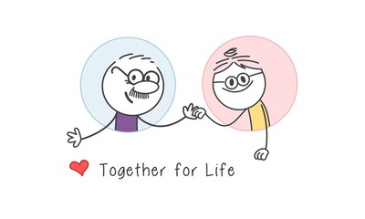 Happy couple in a round hole, grandmother, grandfather.