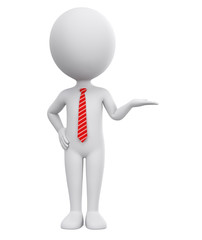 Character businessman in a red tie points to an empty place on a white background. 3d render illustration.