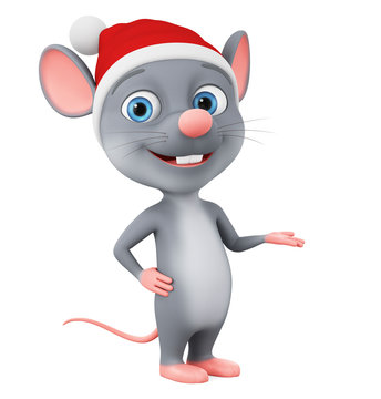 3d render. Cartoon character of a rat shows a blank space on a white background. Illustration for the new year 2020.