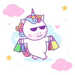 Cute unicorn lifting shopping bags, perfect for kids fabric and greeting card