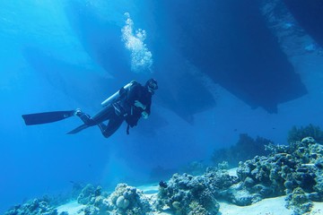 Scuba diver descending in to the sea, three boats silhouettes above him.