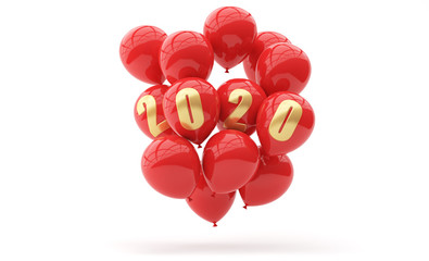Gold 2020 inscription on red balloons on a white background. 3d render. New Year's illustration.
