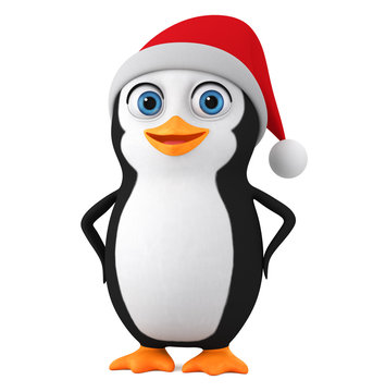 Cartoon character little penguin in a New Year hat on a white background. 3d render illustration.