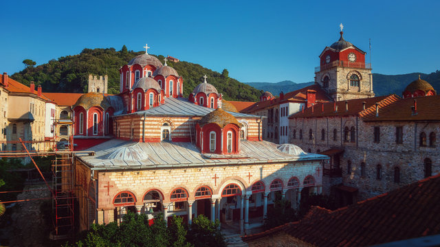 The Holy Mountain Athos in Greek (Hagion Oros) has been listed as a World Heritage Site. Greek monastery of Esphigmenou (Esfigmen).