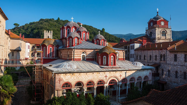 The Holy Mountain Athos in Greek (Hagion Oros) has been listed as a World Heritage Site. Greek monastery of Esphigmenou (Esfigmen).