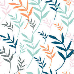 Vector seamless pattern with hand drawn leaf shapes. Simple modern background with plant outlines © dinadankersdesign