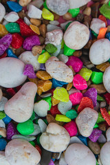 background of colorful, polished, semiprecious stone on grained wood