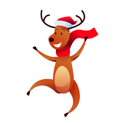 Vector cheerful reindeer character in santa hat