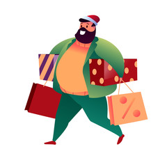 Vector cartoon man in santa hat with shopping bag