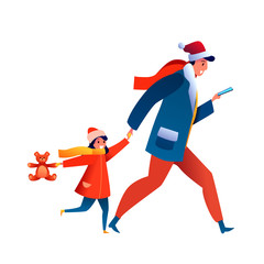 Vector cartoon father with girl kid with toy