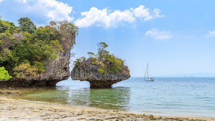 Fototapeta na wymiar Mushroom or umbrella shape rock on beach at Koh Phak Bia Island in Andaman Sea, Krabi, Thailand