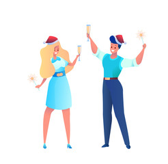 Vector office man and woman in santa hat sparkler