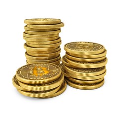 3D Rendering Golden Bitcoins isolated on white background