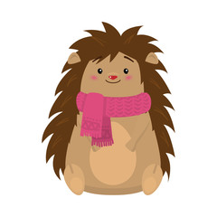 Brown hedgehog sitting and wearing pink winter scarf vector illustration