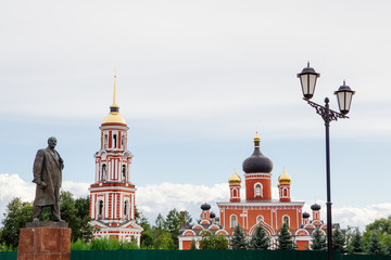 Monument of Lenin and Resurrection of Christ cathedral in Staraya Russa. Russia