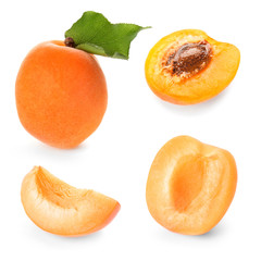 Tasty ripe apricots on white background