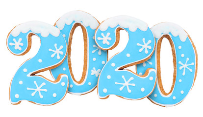 Number 2020, New Year gingerbread, blue icing, isolated on white background