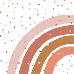  Abstracte achtergrond met terrazzo en eenvoudige geometrische regenboog. Eenvoudige gestreepte boog op terracotta mozaic textuur. Kinderachtige vectorillustratie in Scandinavische stijl in het palet van aardekleuren. © AngellozOlga