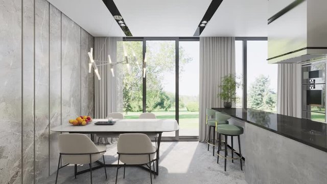 3d render. Camera span across a modern open living space with kitchen.