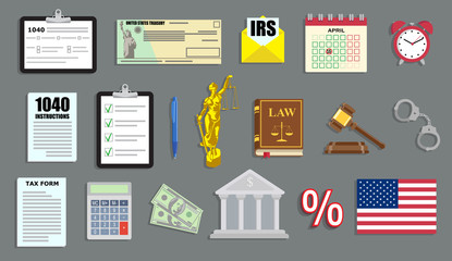 Tax period vector illustration set with IRS papers and judgement items in flat style - obrazy, fototapety, plakaty