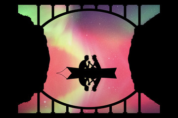 Lovers in boat under bridge at night. Vector illustration with silhouette of loving couple reflected in water. Northern lights in starry sky. Colorful aurora borealis