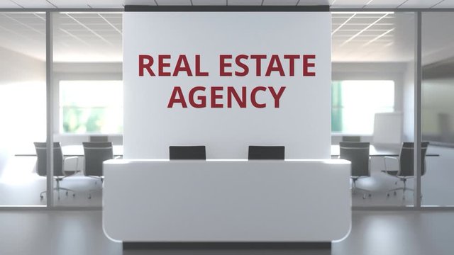 Office with meeting room and reception desk af a real estate agency, conceptual 3D animation