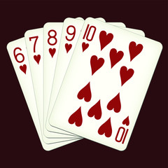 Straight Flush of Hearts from Six to Ten - playing cards vector illustration