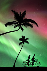 Lovers on bike tandem under palm trees at night. Vector illustration with silhouettes of cyclists on palm beach. Family road trip. Northern lights in starry sky. Colorful aurora borealis