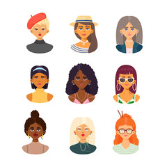 Fashion girls faces of various nationalities and styles vector illustration