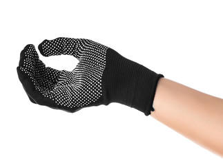Hand in a black glove on an isolated white background. Gesture to catch