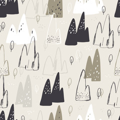 Leuk naadloos patroon met bergen en bomen. Creatieve Scandinavische bosachtergrond. Vector illustratie. Kinderachtige illustratie.