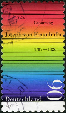 GERMANY - 2012: shows  spectrum, The 225th Anniversary of the Birth Joseph Ritter von Fraunhofer (1787-1826), German physicist, 2012
