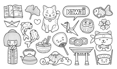 Geisha, maneki-neko, sushi, sakura and origami. Japanese symbols. Cartoon outline illustrations for coloring book.