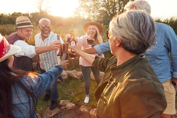 Group Of Mature Friends Making Toast As They Sit Around Fire And Sing Songs At Outdoor Campsite