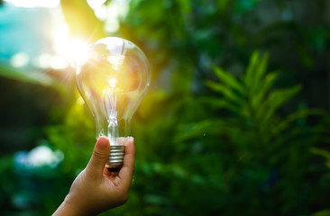 hand holding light bulb against nature, icons energy sources for renewable,  - obrazy, fototapety, plakaty